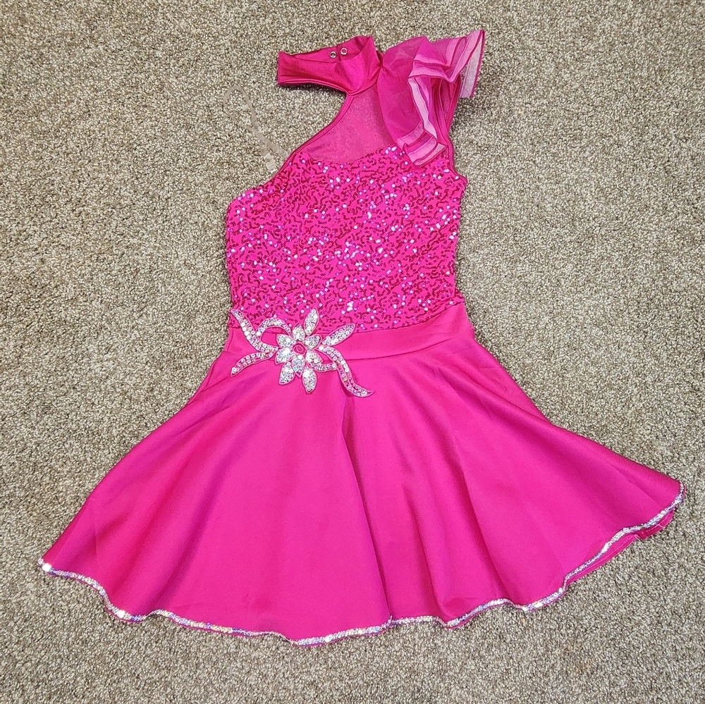 Weissman Pink Dance Costume with Rhinestones and Flared Skirt (Adult Small)